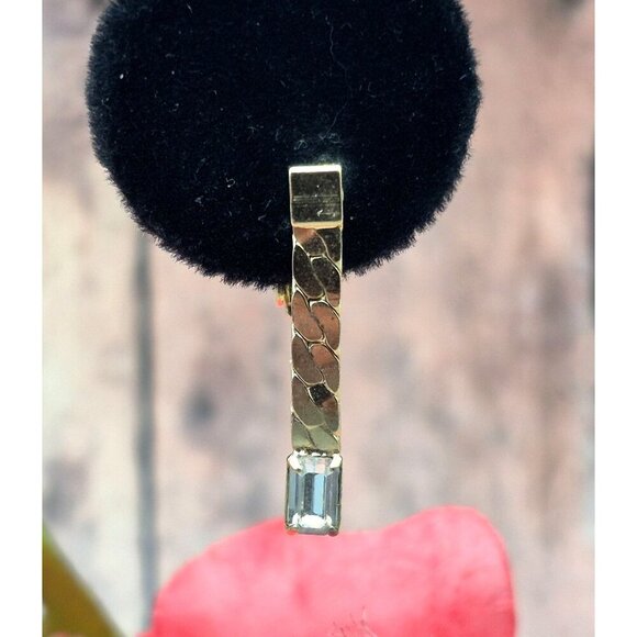 Gold Tone Drop Chain Crystal Clip On Earrings Dainty Minimalist .75" Fancy - Picture 4 of 9